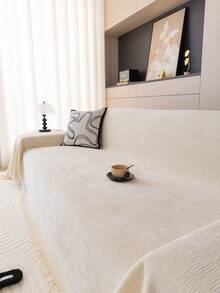 1pc Polyester Chenille Solid Color Classic Sofa Cover Blanket, Pet-Friendly, Anti-Scratch, Non-Slip Sofa Protector, Machine Washable, For Bedroom, Office And Home Decor, All Season Sofa Pad - Beige - View 9