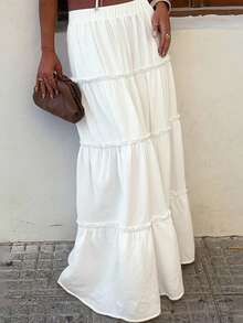 女士时尚休闲优雅简约波西米亚风多层荷叶边蛋糕褶裙，白色荷叶边半身裙，女士春季穿搭，女士夏季半身裙，适合度假、派对、节日礼物、生日、毕业典礼、海滩、日常、通勤、母亲节穿搭 - 白色 - 查看 4