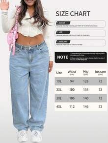 Plus Size Women's Light Blue Washed Cotton Jeans, Baggy Casual Minimalist Style Denim, & Versatile Bottoms For Daily Outings - Light Wash - View 7