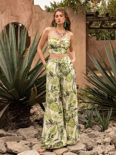 Faeriesty BohoBloom Vintage Bohemian 2 Pieces Set: Camisole And Printed Pants, Casual Daily Wear