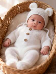 新生儿摄影道具，男女宝宝服装，柔软马海毛熊耳朵帽和连体衣，婴儿摄影服装套装，婴儿派对复活节礼物，男女宝宝用品