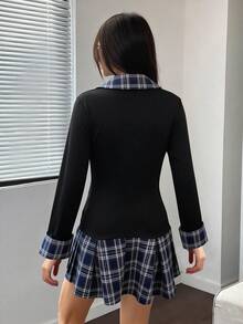 Dravelle Retro American Casual Sports College Style Contrast Color Long Sleeve 2 In 1 Fitted Dress, Suitable For Spring And Autumn - Black - View 3