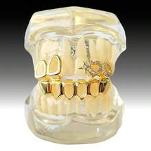 1 Set Fashionable Dual-Tone Smooth Zirconia Star Hollow 6-Tooth Grillz, Unisex Daily, Nightclub, Party Cool Accessory Teeth Grillz