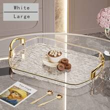 30cm/35cm/40cm Gold Thickened Transparent PET Rectangular Serving Tray With Handles, Glacier Pattern, Plastic Tableware Holder For Tea Cups And Water Glasses, Gold Rim - Clear - View 6