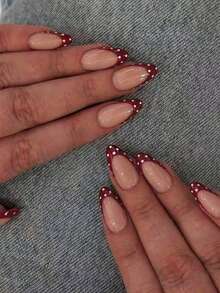 10片手工制作的法式短指甲贴片，有白色、红色和波点图案可选。适合女性和女孩，杏仁形设计。美甲用品 - 酒紅色 - 查看 1