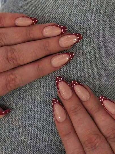 10 Handcrafted French Short Nail Patches, Available In White, Red And Polka Dot Patterns. Suitable For Women And Girls, Almond-Shaped Design. Nails Nail Supplies