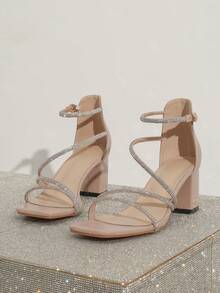 水钻装饰方头粗跟高跟凉鞋，优雅高贵，适合宴会和派对，时尚百搭，春夏装扮之选。 - 藕粉色 - 查看 6