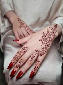 3张月亮花朵图案酒红色临时纹身贴纸 - Manhaiti Design 人体彩绘纹身，适合派对和节日 - 紅色 - 查看 4