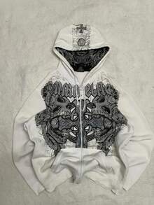 Y2K White Abstract Cross Graphic Zip-Up Hoodie | Oversized Streetwear Graffiti Print Jacket - 白色拉鍊現貨 - 查看 1