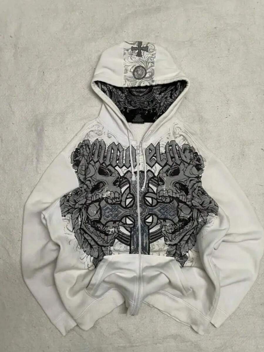 Y2K White Abstract Cross Graphic Zip-Up Hoodie | Oversized Streetwear Graffiti Print Jacket - 白色拉鍊現貨 - 查看 1