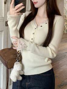 女士优雅V领蕾丝拼接打底毛衣，法式针织上衣，适合秋冬季穿着