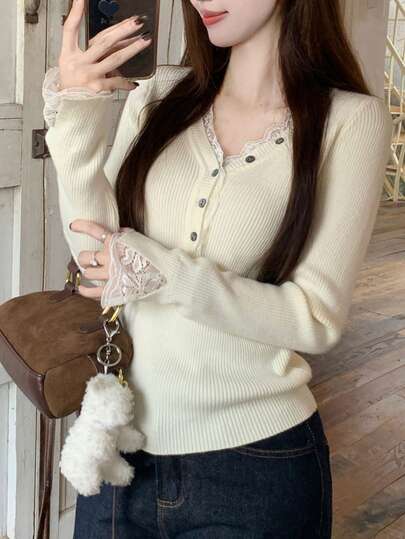 Elegant V-ringad spets- och lapptäckeströja för damer, stickad topp i fransk stil för höst/vinter