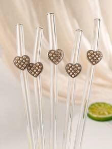 1pc Elegant Pearl Heart Shaped Reusable Transparent Bent Straw, Kitchen Accessory, Cup Essential, Back To School Gift, Valentine's Day Party Favor - Clear - View 1