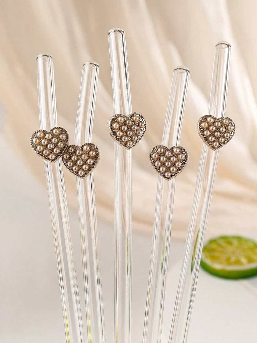 1pc Elegant Pearl Heart Shaped Reusable Transparent Bent Straw, Kitchen Accessory, Cup Essential, Back To School Gift, Valentine's Day Party Favor - Clear - View 1