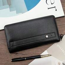 Fashion Patchwork Textured Leather Men's Wallet, Long Style Hand Clutch Bag, Large Capacity Coin Purse Card Holder With Wrist Strap - Black - View 2