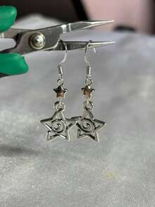 1pair Whimsygoth Star Studded Silver Earrings | Swirly Gothic Hypoallergenic Stainless Steel Hook Dangly Space Nature Aesthetic Handmade Jewelry - Star - View 6
