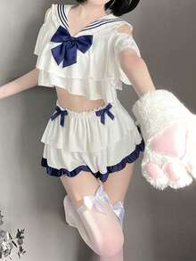 一套（上衣+裙子）学生水手服套装，可爱JK风格（适合体重80-120磅），不含袜子，万圣节、派对礼服