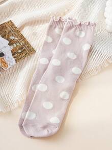 1/6双装波点图案翻边袜，女士休闲时尚可爱简约设计中筒袜，轻盈透气吸湿柔软，适合日常穿着、户外运动和室内穿着。 - 彩色 - 查看 15