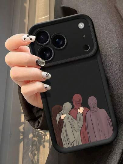 Hijabi Sisters Minimalist Back View Art Pattern Phone Case, Pattern Phone Case, Creative Personalized High-End Middle Eastern Red Pattern Slogan Design, Black Frosted Texture Full Coverage Protective Dustproof Waterproof Soft Case, Compatible With IPhone 17/16/15/14/13/12/11/Pro/ProMax/X/XR/XS/XSMAX/7/8/PLUS And Galaxy Models, Ideal Gift For Friends, Family, Couples On Birthdays And Festivals