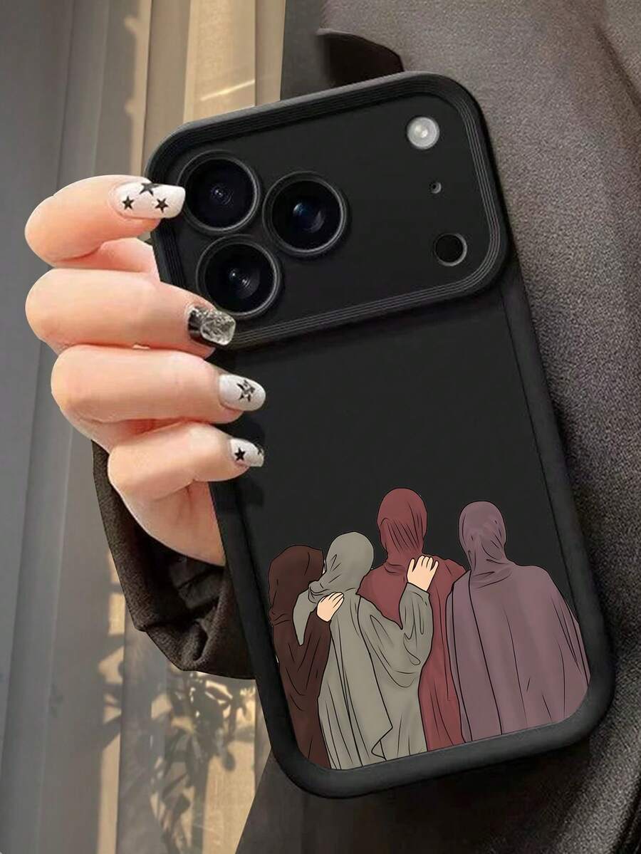 Hijabi Sisters Minimalist Back View Art Pattern Phone Case, Pattern Phone Case, Creative Personalized High-End Middle Eastern Red Pattern Slogan Design, Black Frosted Texture Full Coverage Protective Dustproof Waterproof Soft Case, Compatible With IPhone 17/16/15/14/13/12/11/Pro/ProMax/X/XR/XS/XSMAX/7/8/PLUS And Galaxy Models, Ideal Gift For Friends, Family, Couples On Birthdays And Festivals - Black - View 1