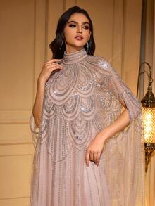 Elegant Long Robe, Stand Collar, Batwing Sleeves, Woven Fabric, Decorated With Delicate Embroidery Details. - Coral Pink - View 6