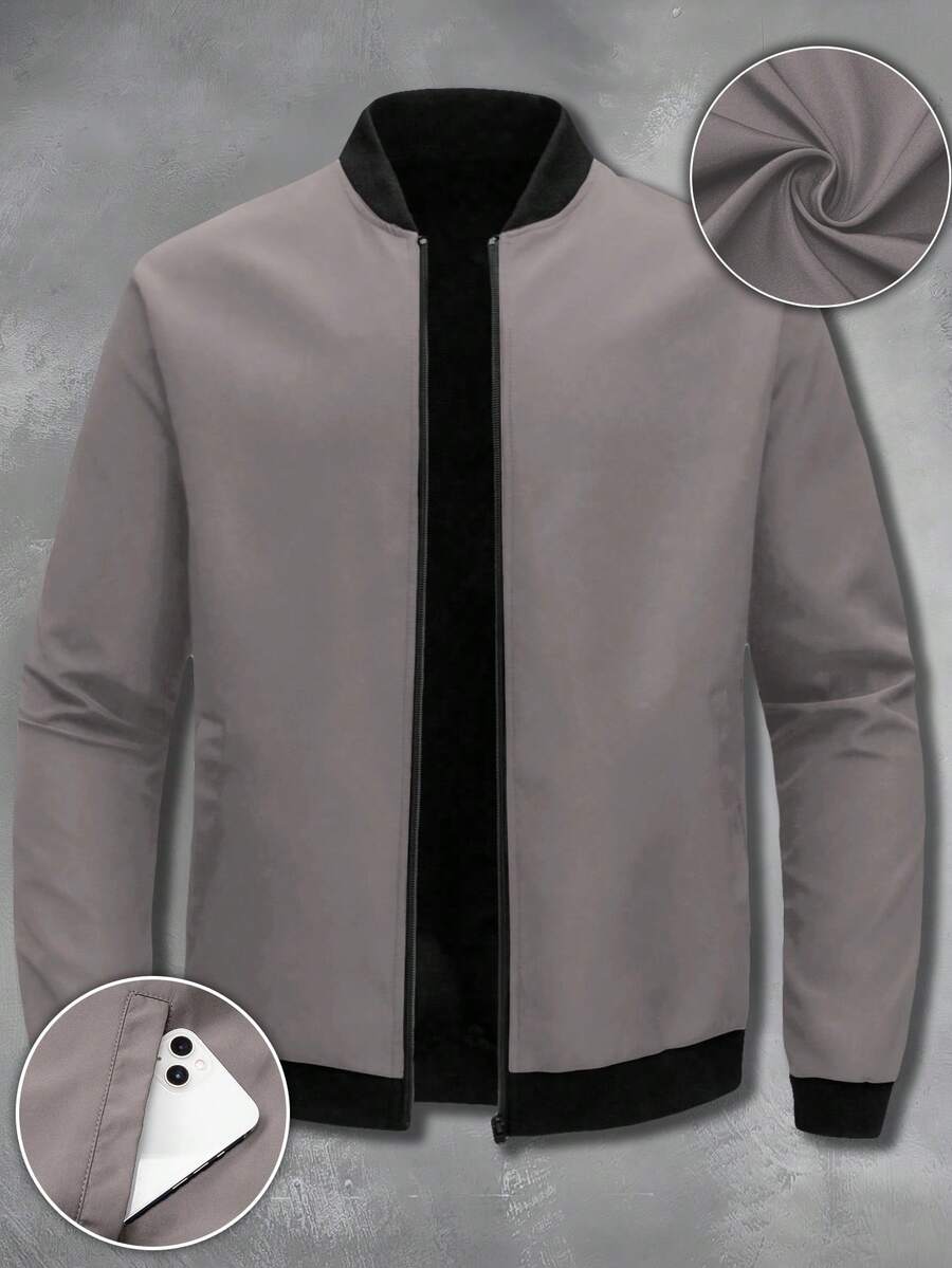 Áo khoác thể thao ngoài trời cổ đứng dáng suông, màu trơn, có khóa kéo, thích hợp mặc vào Ngày của Cha mùa xuân.