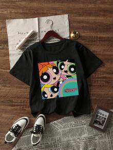 Whysmera SHEIN X Powerpuff Girls Áo thun nữ tay ngắn mùa hè mới, in hình đua xe 3 người, thoáng khí và thấm hút mồ hôi, thiết kế thời trang đường phố cá tính. - màu đen - Xem 2