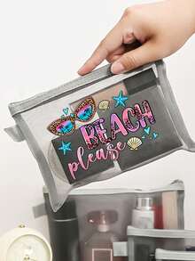 Large-Capacity Transparent Mesh Makeup Bag With"Beach Please" Pattern, Portable Travel Makeup Storage Bag, Colorful Beach-Themed Storage Bag With Zipper Closure,Makeup Bag, Skincare Bag,Portable Storage For Vacations And Travel, Summery Theme - Multicolor - View 6