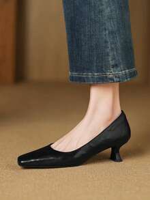 法式方头浅口细跟高跟鞋，简约高端通勤女鞋，优雅真皮高跟鞋，春秋季 - 黑色 - 查看 3