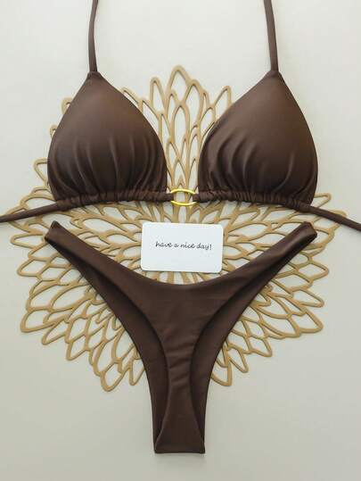 Costume de baie bikini sexy cu legături în spate, 2 buc/set, culoare solidă, pentru femei, vară, plajă, scenă și spectacol, vacanță