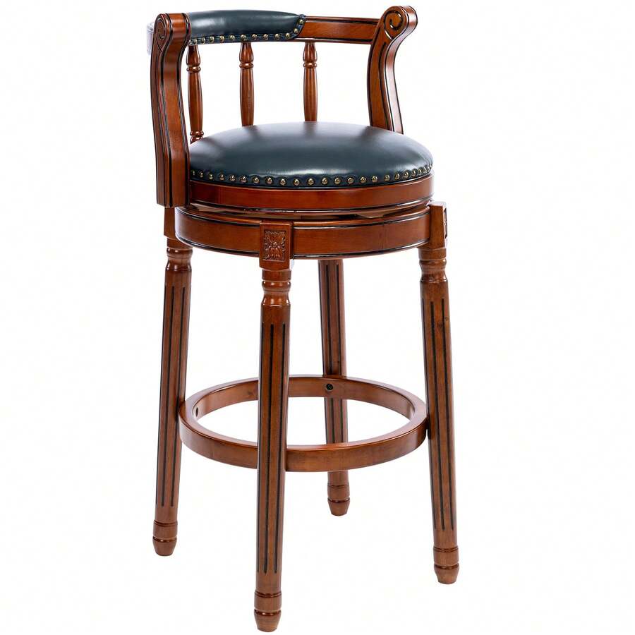 Wooden Bar Stool With Cowhide Leather Top, Dining Chair, 360-Degree Swivel, Height 26, Ideal For Kitchen, Dining Room And Bar Room, Multicoloured Optional. - Blue - View 1