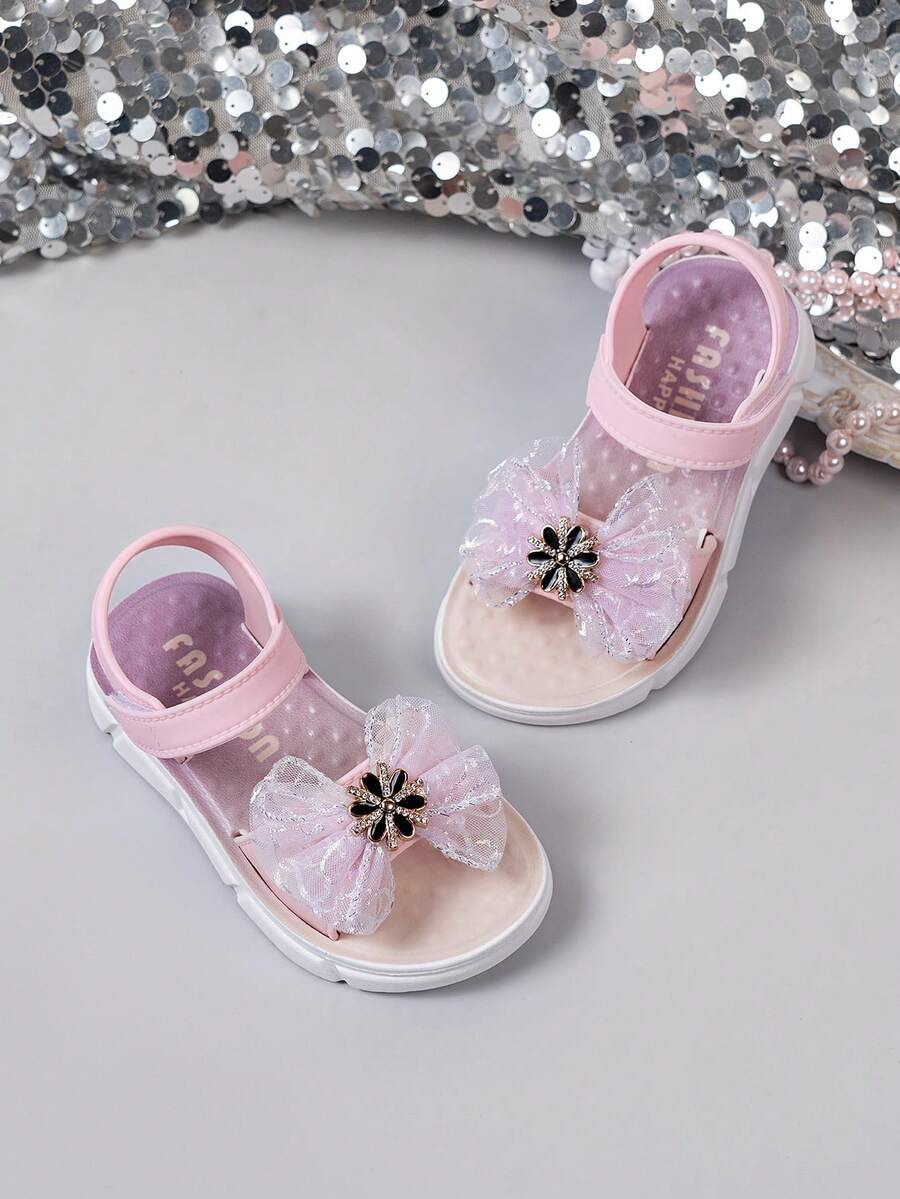 1 đôi dép xăng đan đế mềm chống trượt, kiểu dáng casual, đính nơ và đá lấp lánh, dành cho bé gái, thích hợp cho mùa hè. - Hồng - Xem 1