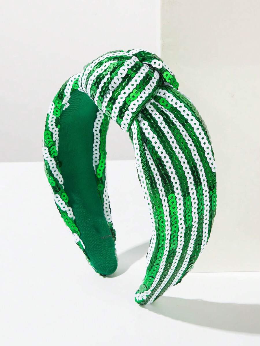1件圣帕特里克节绿色叶子亮片宽结发箍，适合女士派对庆祝装扮 - 亮片白綠 - 查看 1