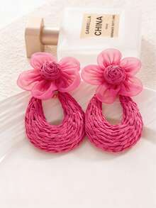 1 Pair Bohemian Vacation Style Earrings With Simple And Personalized Five-Leaf Flower+Circular Earrings, Handmade And Woven Grass Suitable For Women's Daily Wear - Multicolor - View 14