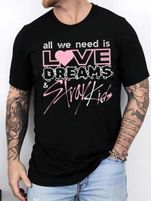 Novelty Adult Cotton Short-Sleeve T-Shirt With LOVE, Dreams & SKZ - Breathable Loose Fit Casual Summer Tee For Outdoor Activities - màu đen - Xem 1