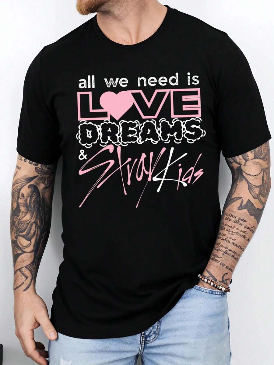 Novelty Adult Cotton Short-Sleeve T-Shirt With LOVE, Dreams & SKZ - Breathable Loose Fit Casual Summer Tee For Outdoor Activities - màu đen - Xem 1