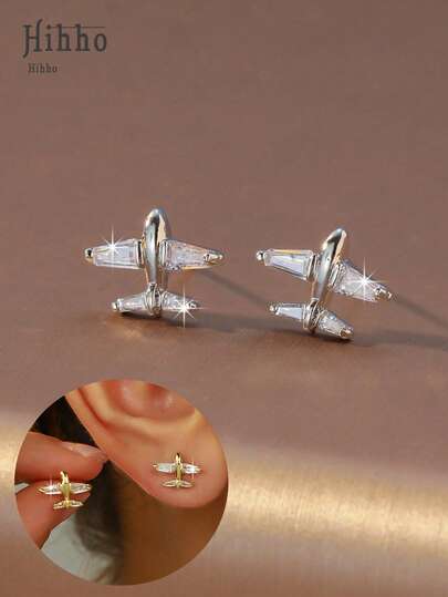 Hihho 1 Pair Plane Shaped Stud Earrings, Decoration, Suitable For Neutral Style, Niche Personalized, Daily Fashionable Accessory, Available In 2 Colors To Match Different Style Preferences