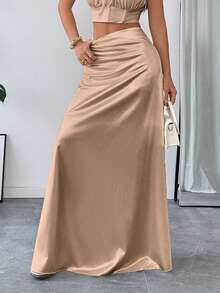 Falda de línea A de punto brillante de unicolor elegante y casual para mujer VIVINA, adecuada para uso diario, citas, salidas, looks de aeropuerto, invitados de boda, viajes de primavera y verano - Albaricoque - Ver 9