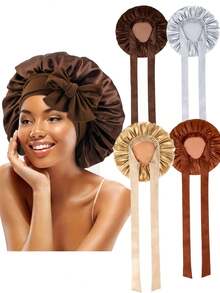 1pc/4pcs Women Satin Ribbon Bow Elastic Headband, Hair Band, Beauty Salon Headpiece, Satin Sleep Cap, Satin Bonnet - Coffee Brown - View 22