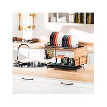 Escurridor de múltiples capas con bandeja de goteo, diseño que ahorra espacio, incluye soporte para cubiertos y tabla de cortar, adecuado para encimeras de cocina, color negro - Negro - Ver 8