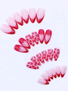 96pcs/4sets Valentine's Day Heart Almond False Nails - Pink & Red French Manicure, Holiday Party Nails, Gift For Women