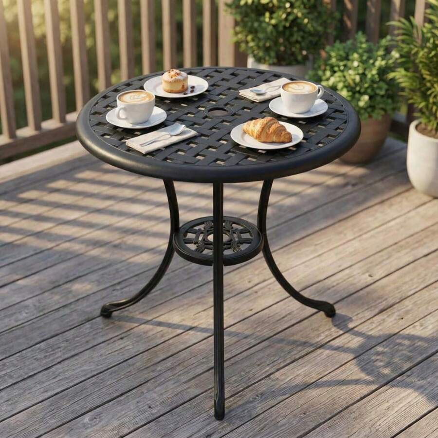 Mesa auxiliar redonda de aluminio fundido para exterior de 23,6'' con orificio para sombrilla de 2'', mesa de bistró, mesa auxiliar para patio, terraza, jardín, porche, piscina, color negro - Negro - Ver 1
