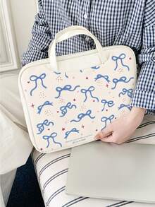 1 件装，蓝色星形蝴蝶结笔记本电脑手提包，轻便时尚，适用于 16 英寸/15 英寸/14 英寸笔记本电脑，PU 皮革防水加厚防震笔记本电脑包，大学生出行必备 - 白色 - 查看 2