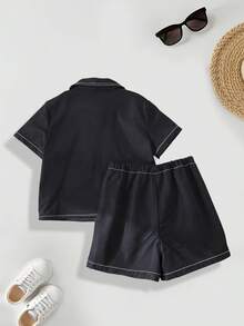 两件套男婴衬衫套装，夏季绅士风翻领开衫，新生儿可爱舒适服装，适合户外活动、日常玩耍、休闲聚会、节日礼物 - 黑色 - 查看 5