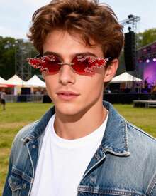 Flame Glasses Personality Fashion  Feather  Metal Party Handmade Crushed Diamond Glasses - 紅色 - 查看 2