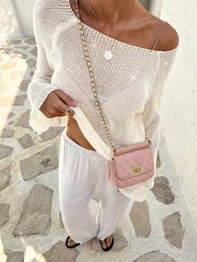 FOR BEAUTY Women's Spring/Summer Low Round Neck Long Sleeve Crochet Knit Sweater Top, Lightweight Loose Beach Cover-Up Casual Pullover Vacation White - White - View 6
