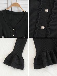 Spring New Black Versatile Knit Cardigan For Women, Ruffle Hem, Long Sleeve, Fitted V-Neck Sweater