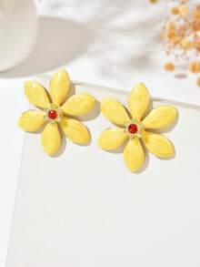 1 Pair Luxury Elegant Floral Earrings With Micro-Inlaid Rhinestones, Vintage Fashionable Charming Drip Oil Flower Stud Earrings Suitable For Women's Daily, Vacation, And Banquet Wear - Yellow - View 3