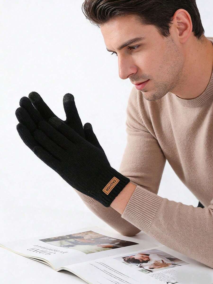 1 Pair Men's Winter Warm Touchscreen Gloves, Thermal Lined, Thick, Cold-Proof, Anti-Slip, Knitted For Cycling - Black - View 1