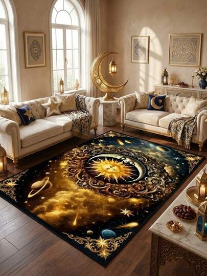 1件波西米亚风格星月元素斋月新款地毯，超柔软天鹅绒材质，吸水防滑，可水洗，适合斋月、新年装饰，适用于厨房、浴室、客厅、餐厅、书房、卧室等场所。